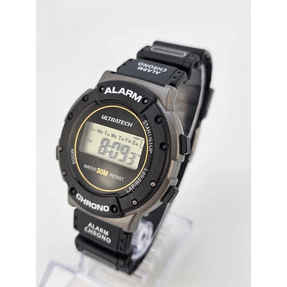 Men's Sports Digital Watch 44MM Black Plastic Bands Alarm Chrono New Battery